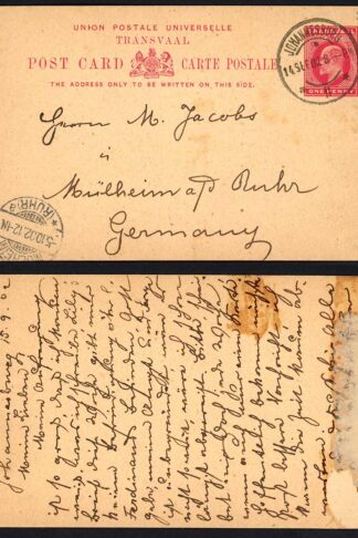 Transvaal 1902 1d stationery postcard to Germany JOHANNESBURG postmark