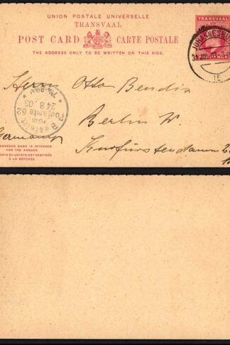 Transvaal 1903 1d+1d stat post and reply card to Germany JOHANNESBURG pmk