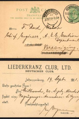 Transvaal 1911 1/2d printed stat postcard from LIEDERKRANZ CLUB