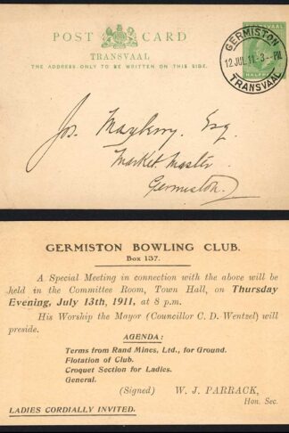 Transvaal 1911 1/2d printed stat postcard from GERMISTON BOWLING CLUB