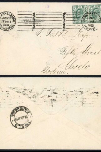 Transvaal 1910 cover to Rhodesia 1d rate clear JOHANNESBURG machine cancel