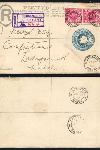 Natal 1910 registered stationery env 6d rate ESTCOURT to LADYSMITH