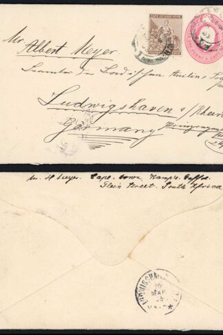 Cape of Good Hope 1905 1d stat env uprated 2d to Germany CAPE TOWN pmks