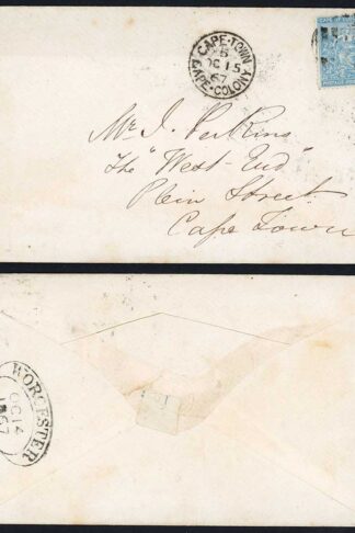 Cape of Good Hope 1867 4d rate cover WORCESTER BONC 15 to CAPE TOWN pmks