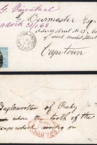 Cape of Good Hope 1868 4d rate cover CRADOCK oval in red to CAPE TOWN pmks