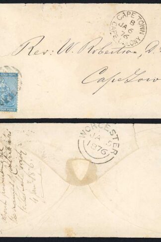 Cape of Good Hope 1876 4d rate cove from WORCESTER to CAPE TOWN pmks