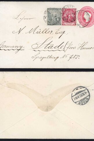 Cape of Good Hope 1895 1d stat env uprated to Germany 43 STRAND STREET pmks