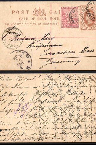 Cape of Good Hope 1892 uprated 1/2d postcard to Germany KIMBERLEY pmks