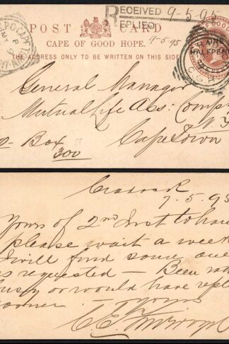 Cape of Good Hope 1895 1/2d on 1d postcard CRADOCK to CAPE TOWN sq circle pmks