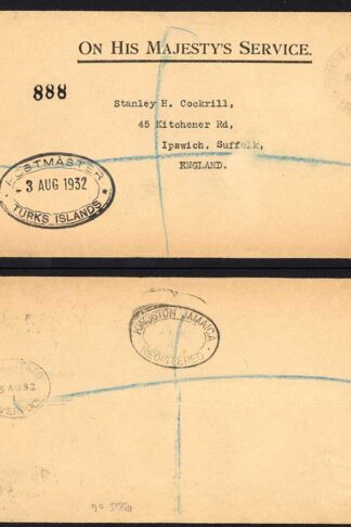 Turks and Caicos Islands 1932 stampless OHMS cover to England POSTMASTER cachet