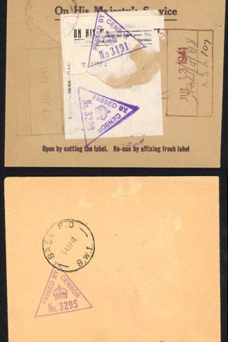 1941 stampless reused and censored OHMS cover BASE P.O. B.W.I. postmark