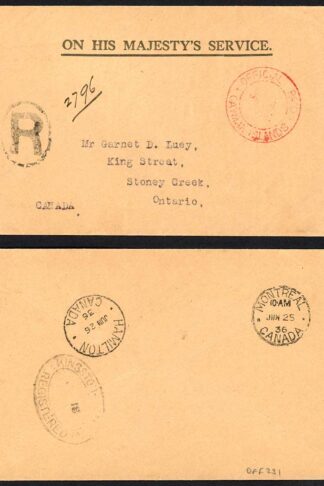 Cayman Islands 1936 OFFICIAL PAID mark in red registered OHMS cover to Canada