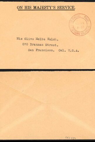 Cayman Islands 1937 OFFICIAL PAID mark in red on OHMS cover to USA
