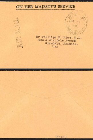 Cayman Islands 1952 stampless OHMS airmail cover to USA GEORGETOWN pmk