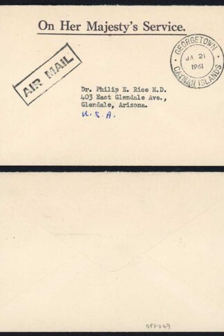 Cayman Islands 1961 stampless OHMS airmail cover to USA GEORGETOWN pmk