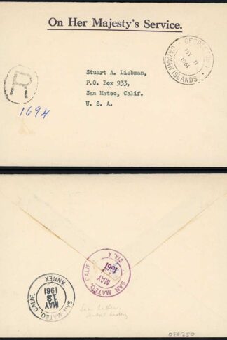 Cayman Islands 1961 stampless OHMS registered cover to USA GEORGETOWN pmk