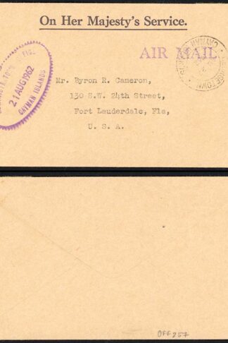 Cayman Islands 1962 stampless OHMS airmail cover to USA GEORGETOWN pmk