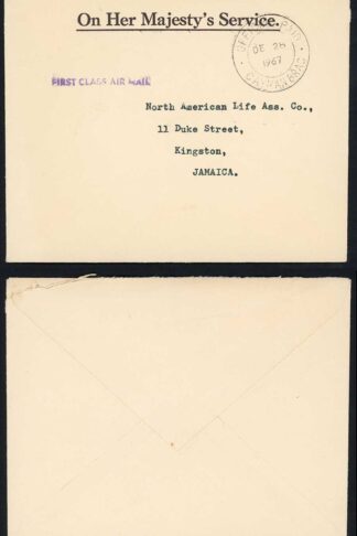 Cayman Islands 1967 OFFICIAL PAID mark in black on OHMS airmail cover to Jamaica