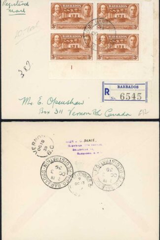 Barbados KGVI 3d Plate Block on Cover
