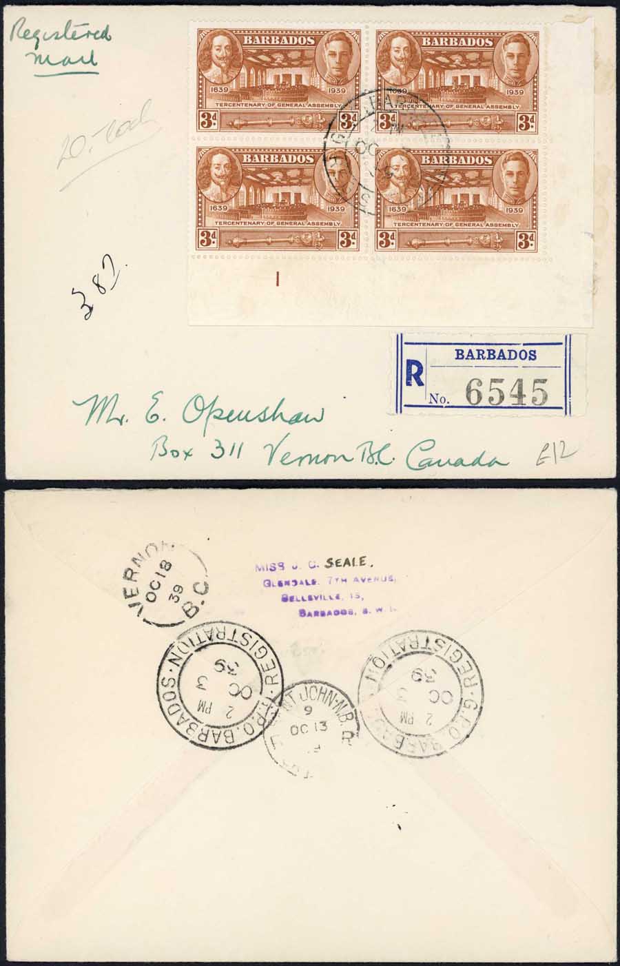 Barbados KGVI 3d Plate Block on Cover