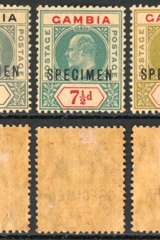 Gambia KEVII 5d 7 1/2d and 10d opt Specimen (toned paper)