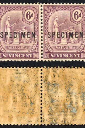 St Vincent SG100s 6d PAIR Opt SPECIMEN offset on reverse