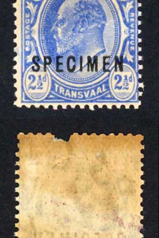 Transvaal SG276s 2 1/2d Bright Blue no gum and toned Opt SPECIMEN