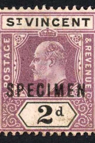 St Vincent SG78 2d Dull purple and black Wmk Crown CA Opt SPECIMEN