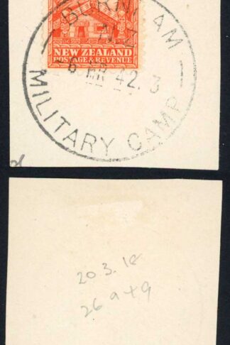 New Zealand SG580 2d Orange Perf 14 x 13.5 Mult Wmk Burnham Military Camp Pmk