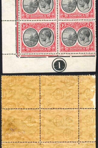 Dominica SG73 1d Black and Scarlet Plate 1 Block (Blown Gum) Scarce