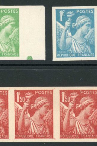 France 1944 Iris 80c 1f and 1.5f IMPERF STRIPS of THREE Ex Hermione