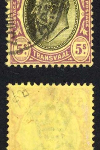 Transvaal 1902 SG.254 5s black and purple on yellow wmk Crown CA used c 50 poun