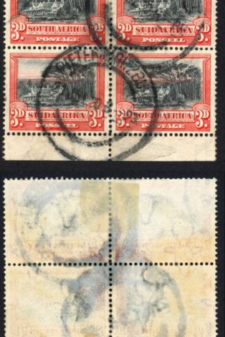 South Africa 1927-30 SG.35a 3d black and red P14x13.5 block of 4 used c 160 pou