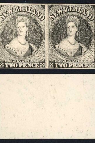 New Zealand 2d Chalon in black on card proof horizontal pair fine