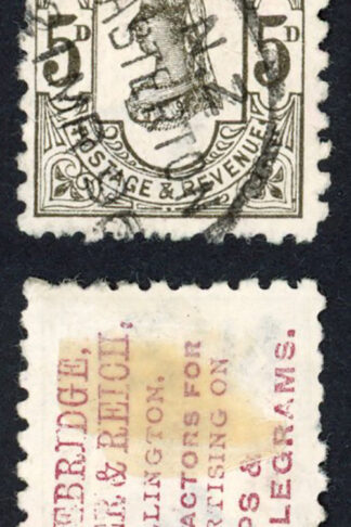 New Zealand 1882-1900 SG.223a 5d olive-black P10 brown-purple advert VFU