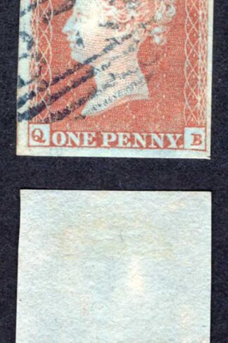 1841 Penny Red (QB) Plate 104 Fine Four Margins BLUE CANCEL Cat 250 pounds