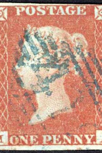 1841 Penny Red (IA) Plate 111 Fine Three Margins BLUE CANCEL Cat 250 pounds