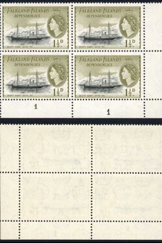 Falkland Is Dep SGG28a 1 1/2d Black and Yellow-olive (DLR) Plate Block U/M