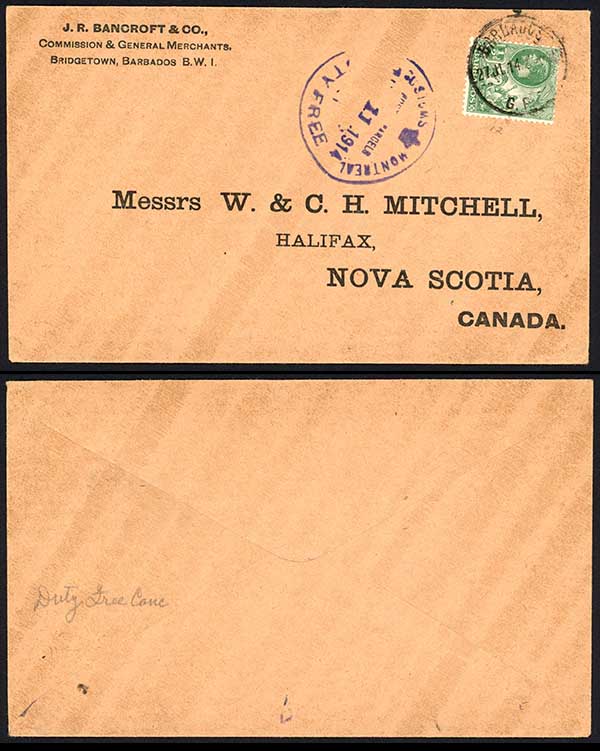 Barbados 1/2d on Printed envelope with Duty Free Handstamp