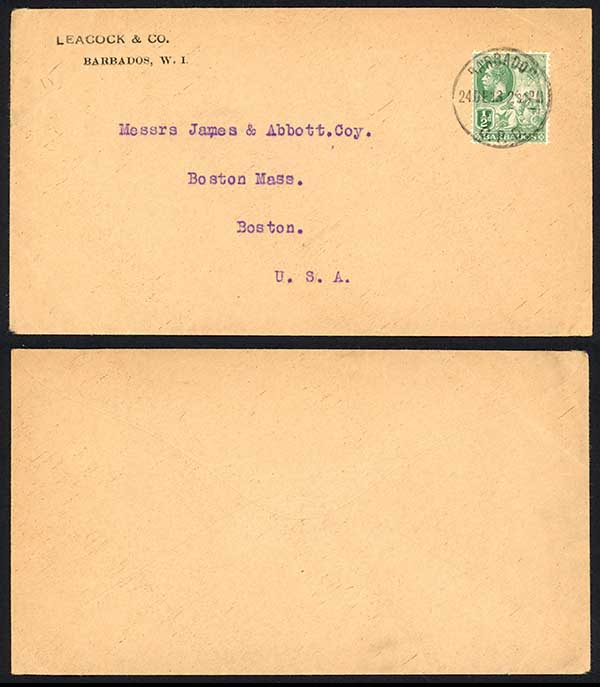 Barbados KGV 1/2d on Printed envelope to the USA