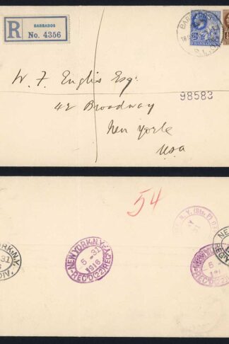 Barbados 1915 2 1/2d plus 1/4d Pair Which is the 3d registered cover to the USA