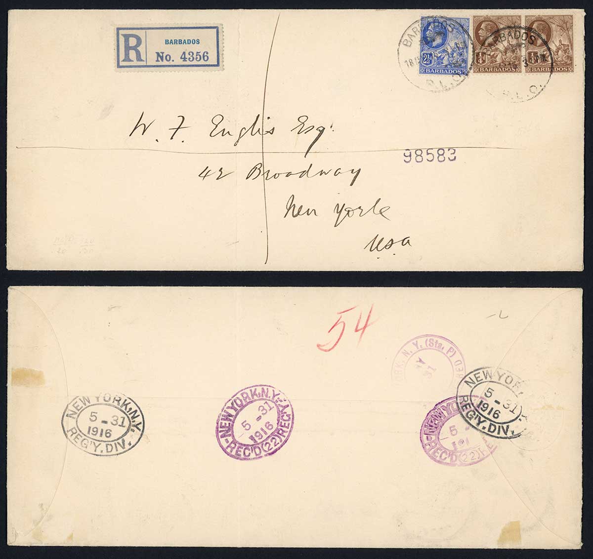 Barbados 1915 2 1/2d plus 1/4d Pair Which is the 3d registered cover to the USA