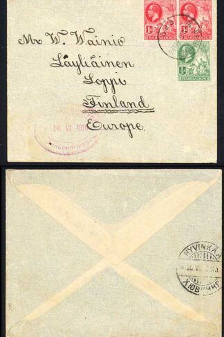 Barbados 1916 Cover to Finland Wat time (no year date)