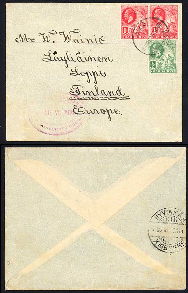 Barbados 1916 Cover to Finland Wat time (no year date)