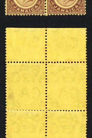Jamaica SG72e 3d purple on yellow paper Damaged S and Large Stop Plate Block