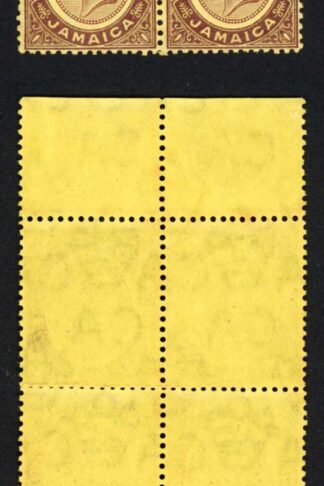 Jamaica SG72e 3d purple on yellow paper Damaged S and Large Stop Plate Block