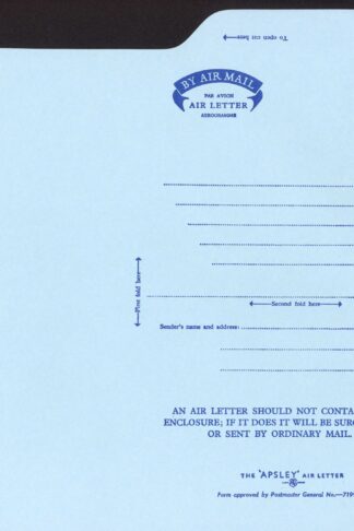 ASP1 KGVI 6d (Apsley) STO Air Mail Letter Sheet ALBINO Printing (Missing Purple)