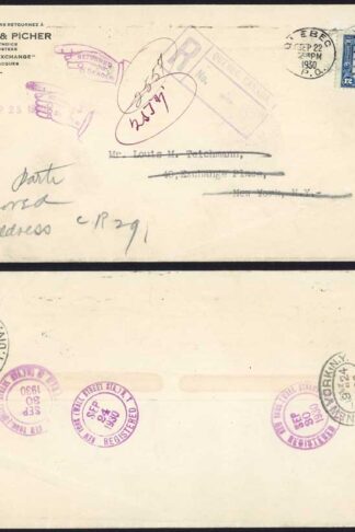 Canada 1930 registered cover to USA franked 12c Confederation returned