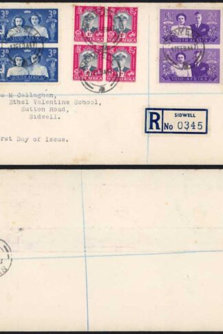 South Africa 1947 Royal Visit set in blocks of four on registered first day cov