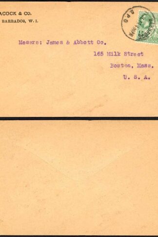 Barbados 1914 1/2d single franking commercial cover to USA unsealed rate